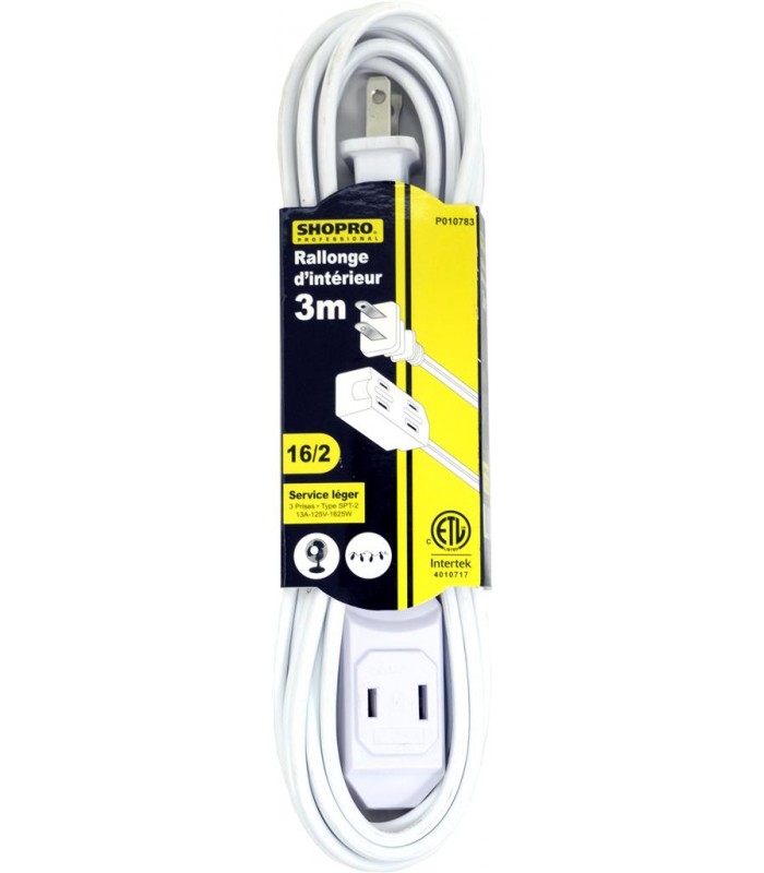 Rallonge intérieure SHOPRO 10 pi 16/2 SPT-2 à 3 prises - Blanc